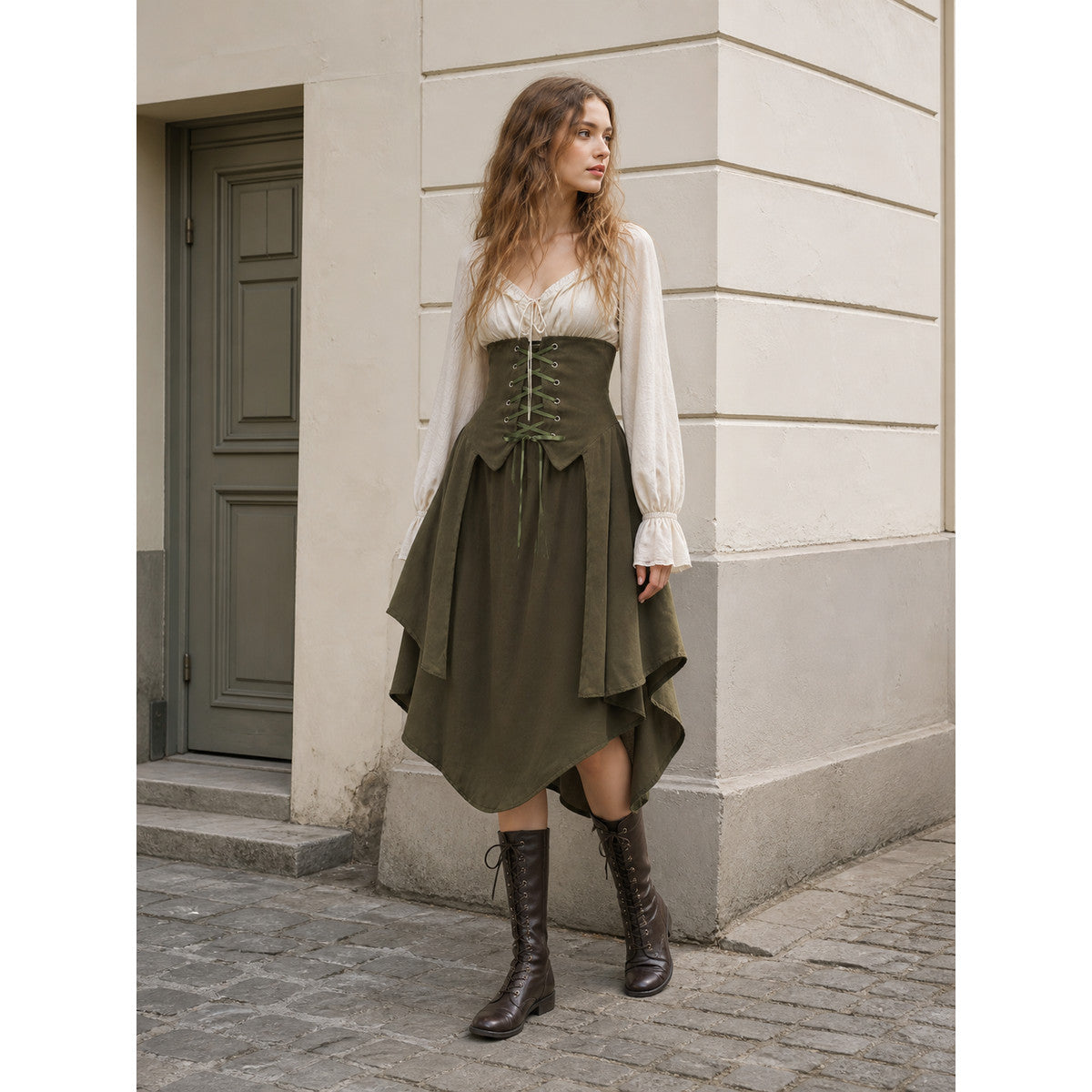 Olive Cape with Layered Panels and Lacing