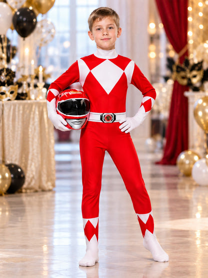 Red and White Carnival Costume Jumpsuit with Helmet Mask
