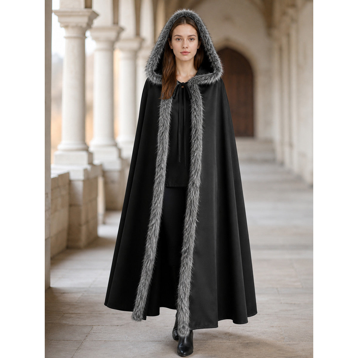Black hooded costume cloak with fur trim lifestyle