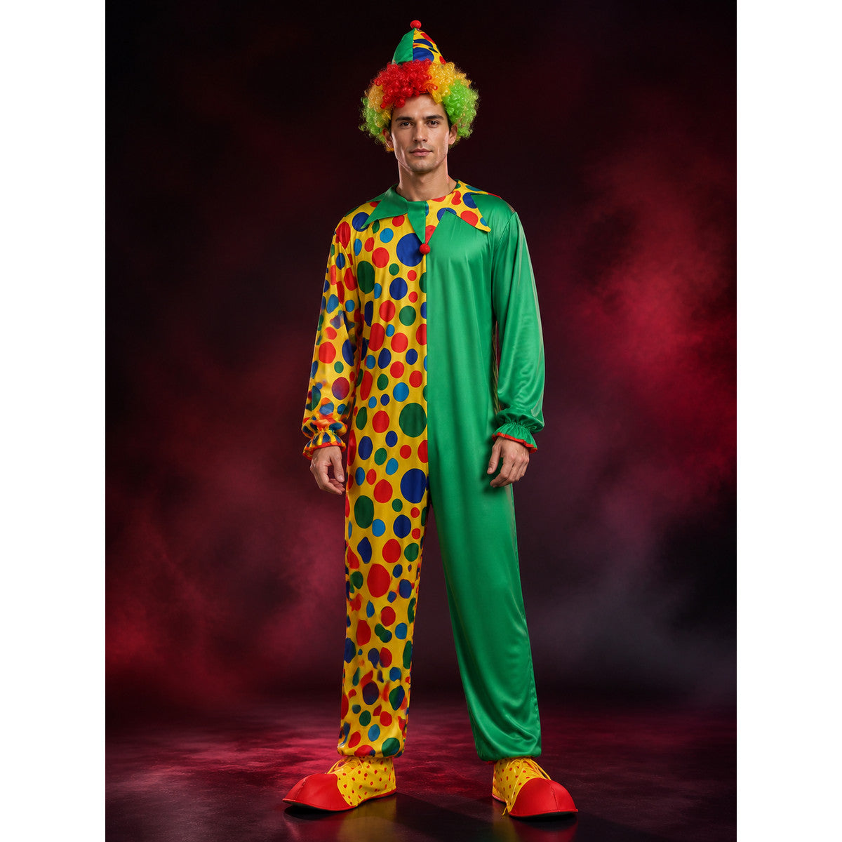 Unisex Adult Clown Jumpsuit Costume with Hat, Polka Dot Print & Color Block main product view