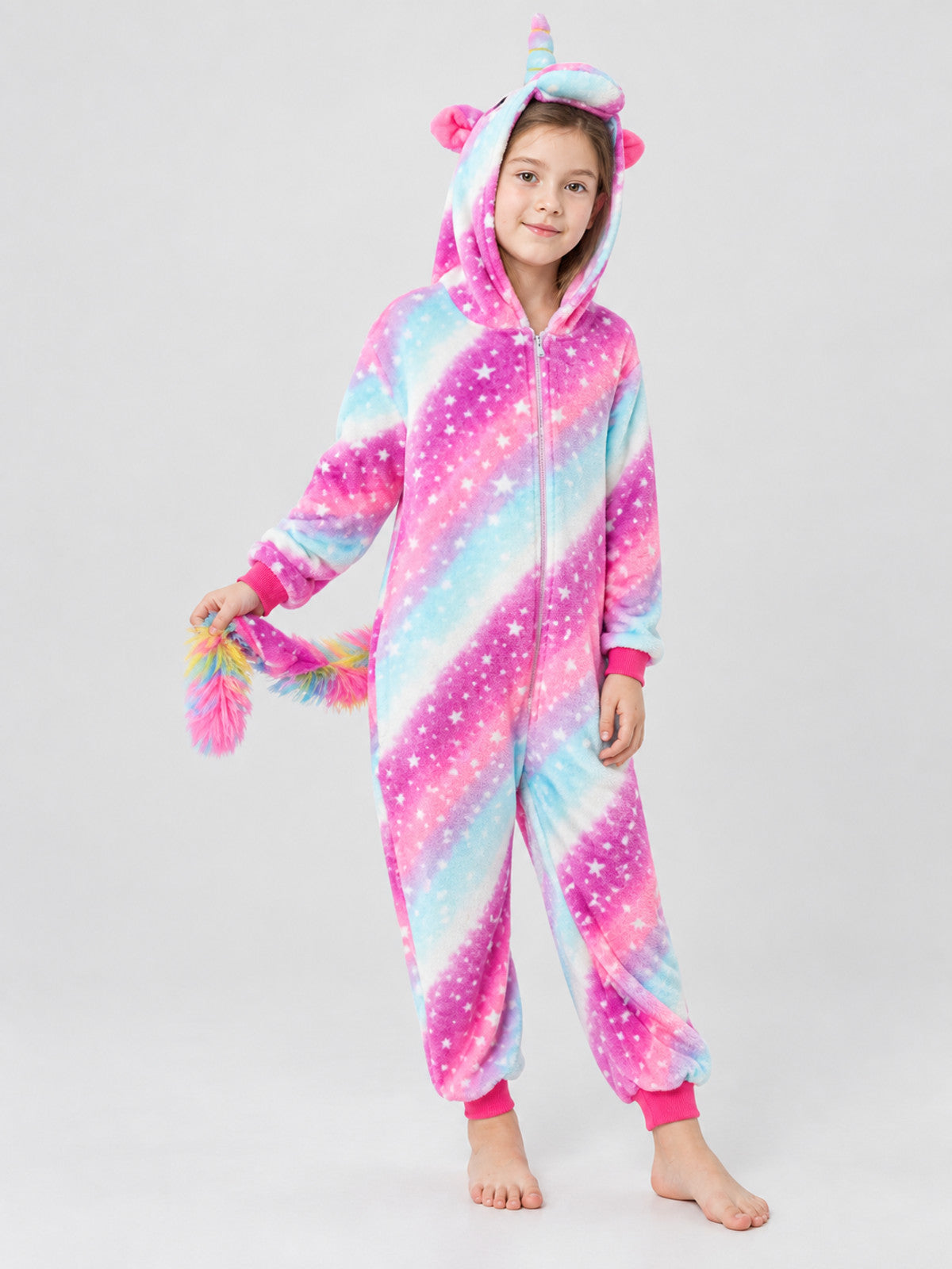 Hooded Pajama Jumpsuit with Ears and Star Print
