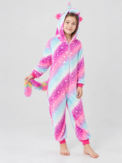 Hooded Pajama Jumpsuit with Ears and Star Print