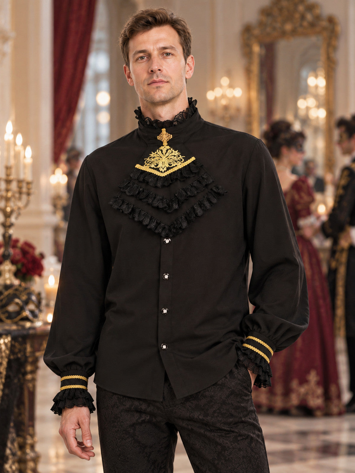 Black long-sleeved shirt with a jabot and gold trim