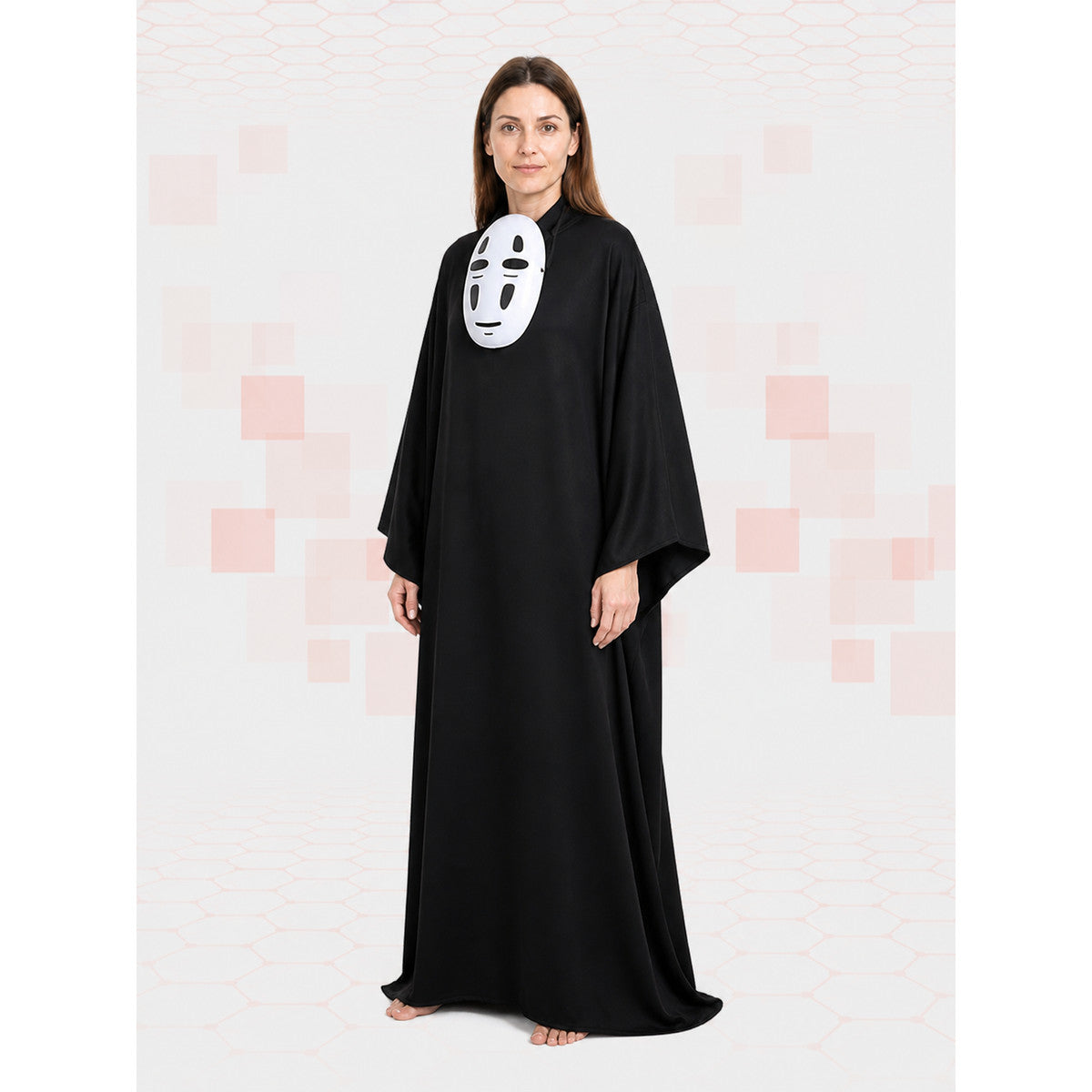 No-Face Costume: Black Hooded Robe and White Mask Costume Masks detail