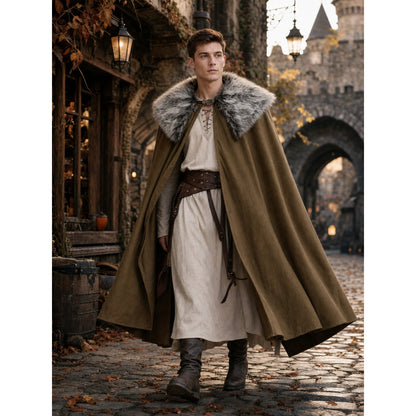 Brown draped cloak with a gray faux fur collar shown on a walking model in a medieval-style street