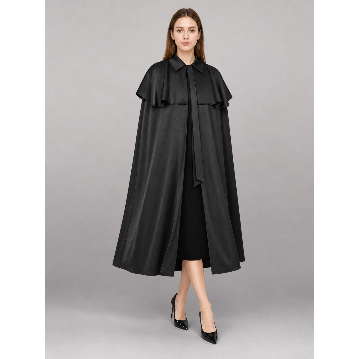 Long Black Carnival Cloak with a Turn-Down Collar