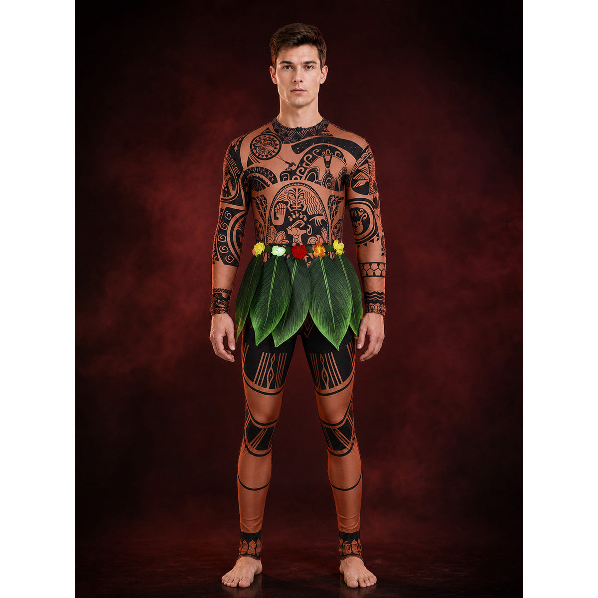 Maui Cosplay Onesie Costume with Tribal Tattoo Print, Leaf Skirt and Flower Belt main product view