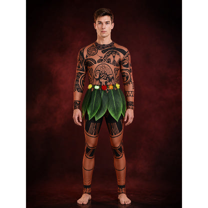 Maui Cosplay Onesie Costume with Tribal Tattoo Print, Leaf Skirt and Flower Belt main product view