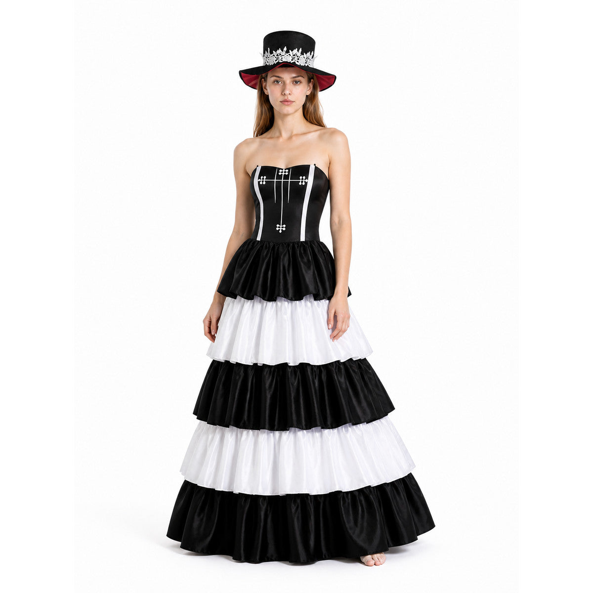 Gothic-Style Dress with Layered Skirt and Hat lifestyle