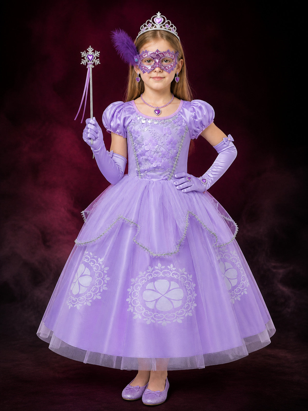 Girls' Purple Princess Costume Set With Sparkle Dress, Tiara, Mask & Gloves