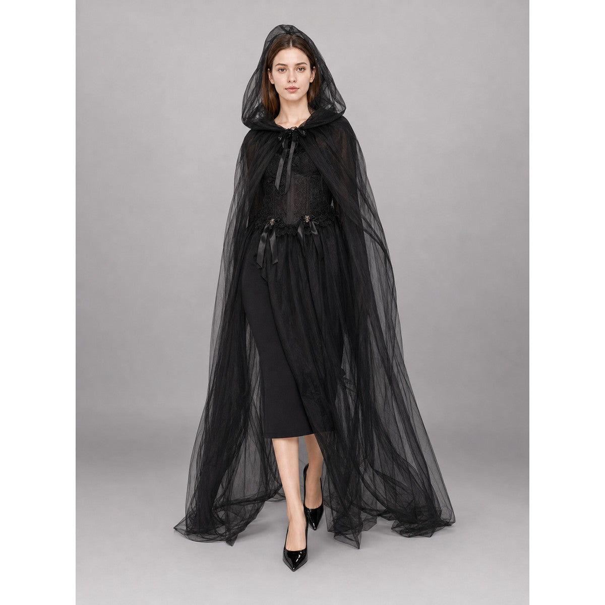 Black hooded carnival cloak for cosplay lifestyle