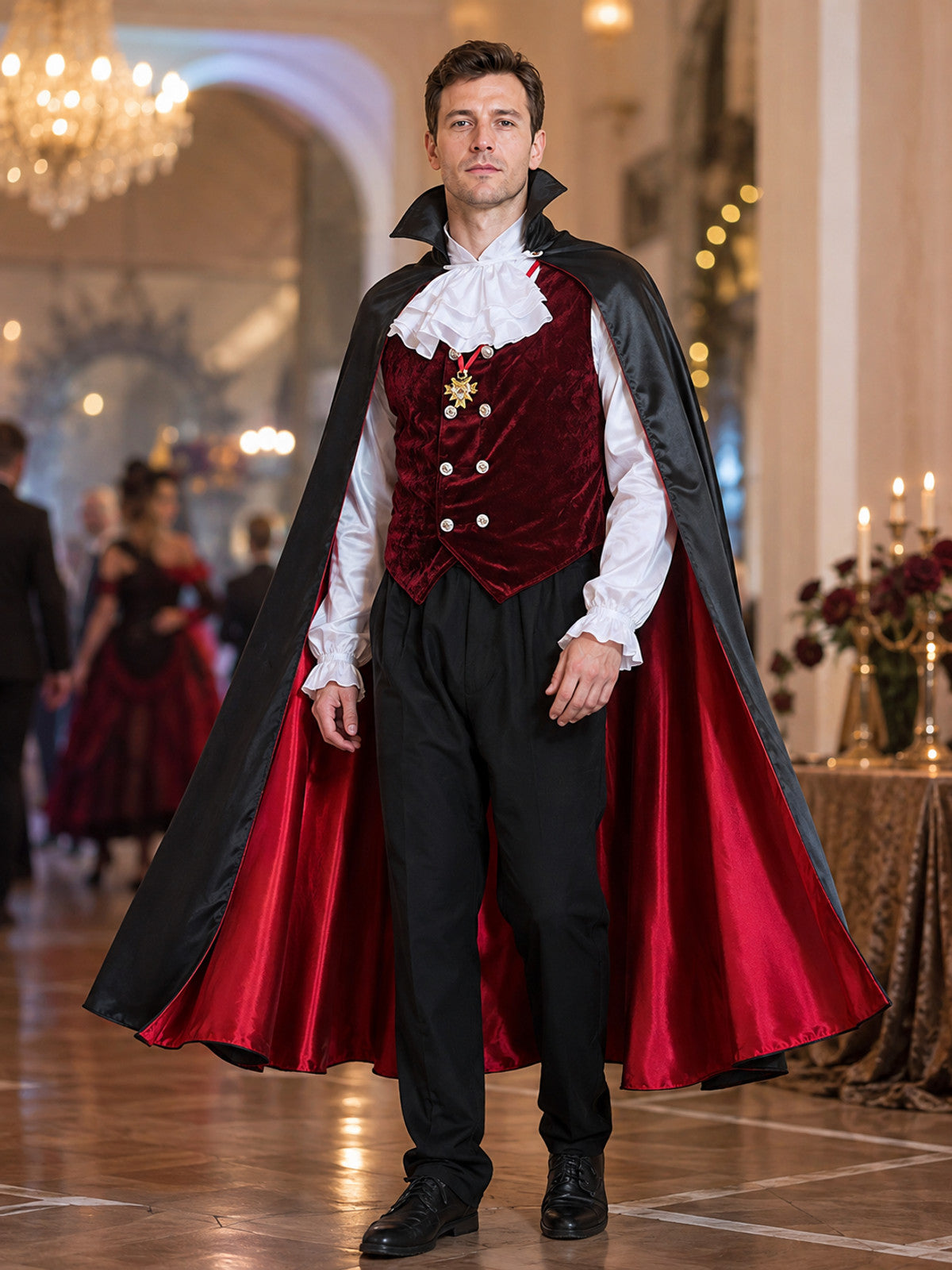 Vampire Costume with Burgundy Vest, Jabot, and Cape lifestyle view