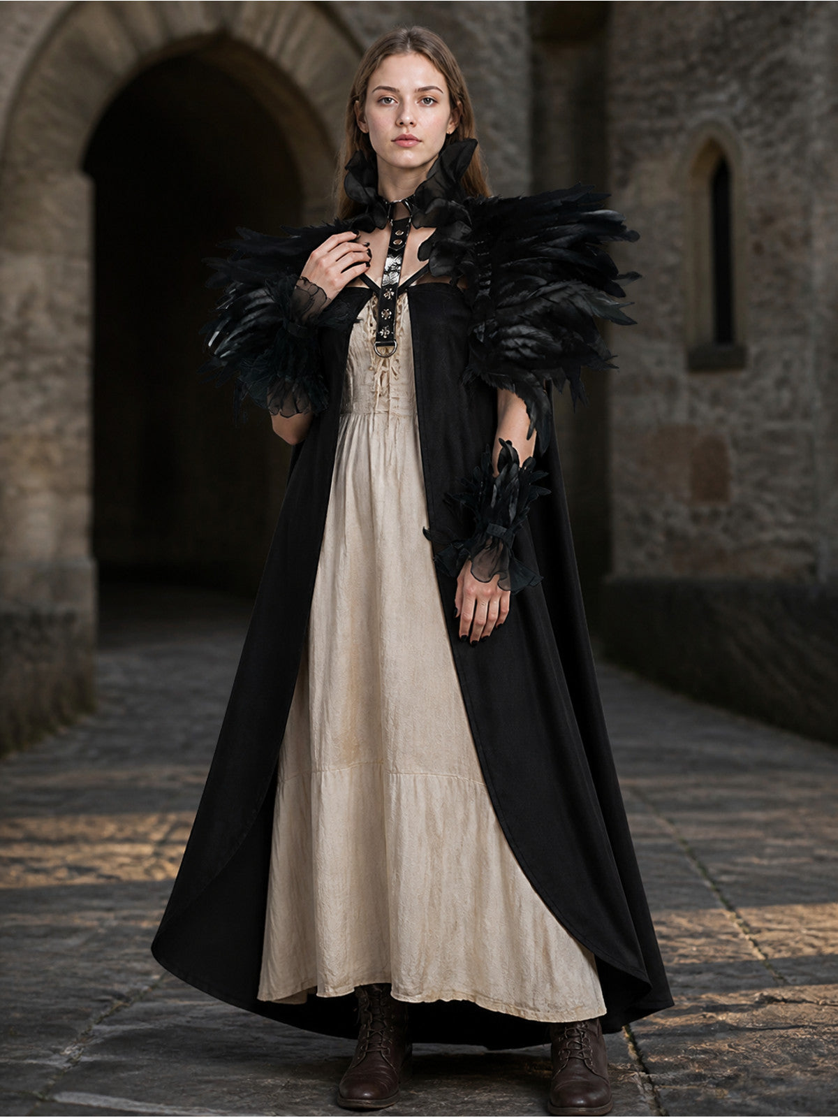 Black Gothic Feather Ruffle Cape & Wrist Set, Semi-Sheer Mesh Trim, Layered