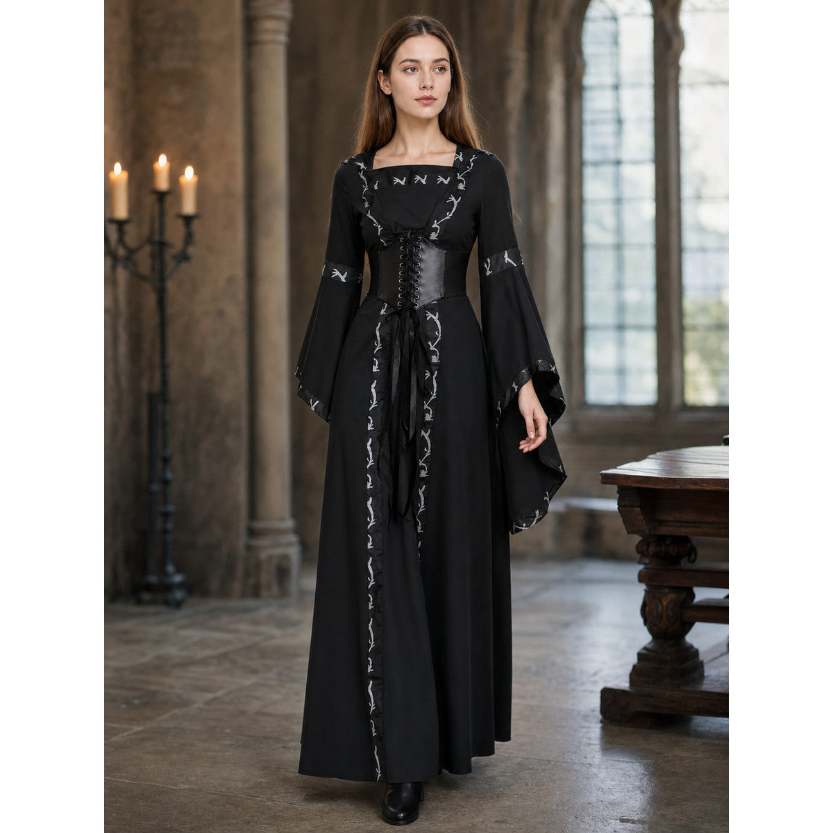 Gothic Long Hooded Dress with Lacing