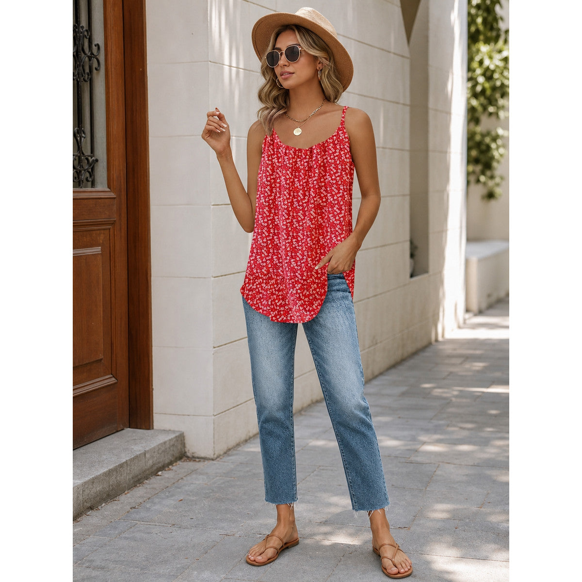 Red camisole with thin straps and floral print
