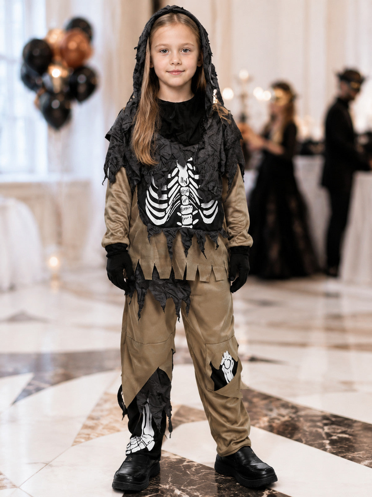 Hooded costume with a skeleton print and torn panels lifestyle view