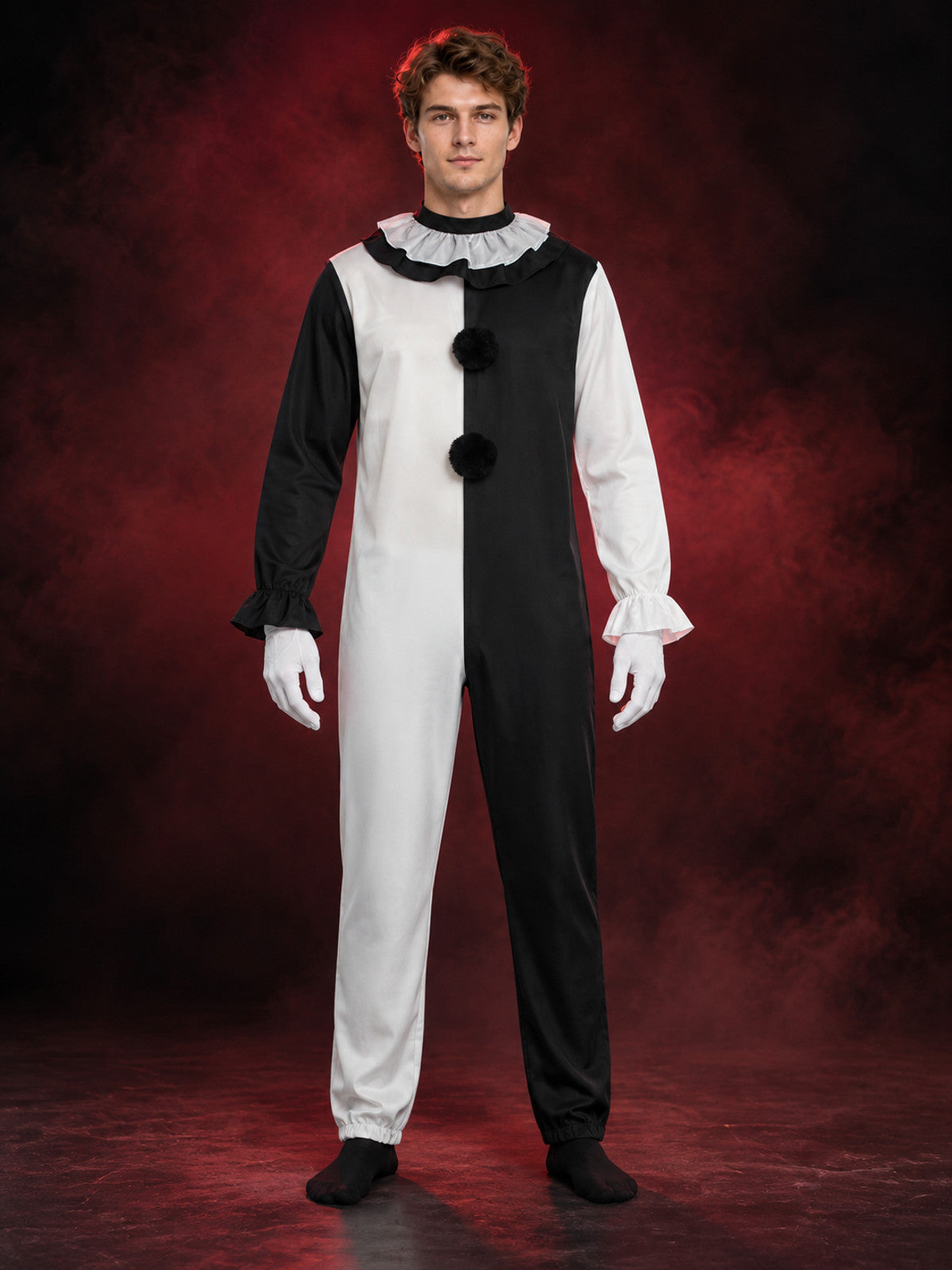 Clown Costume Black and White Jumpsuit with Ruffles and Gloves