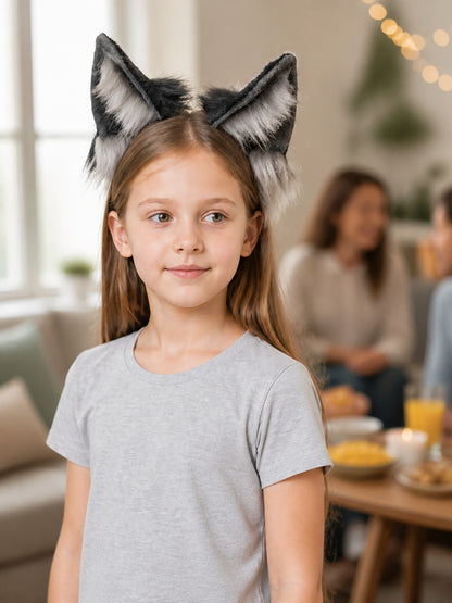 Gray and White Wolf Ears Carnival Headband lifestyle view