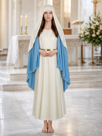 White robe with blue cape and gold sash shown full-body on a model in a bright church interior