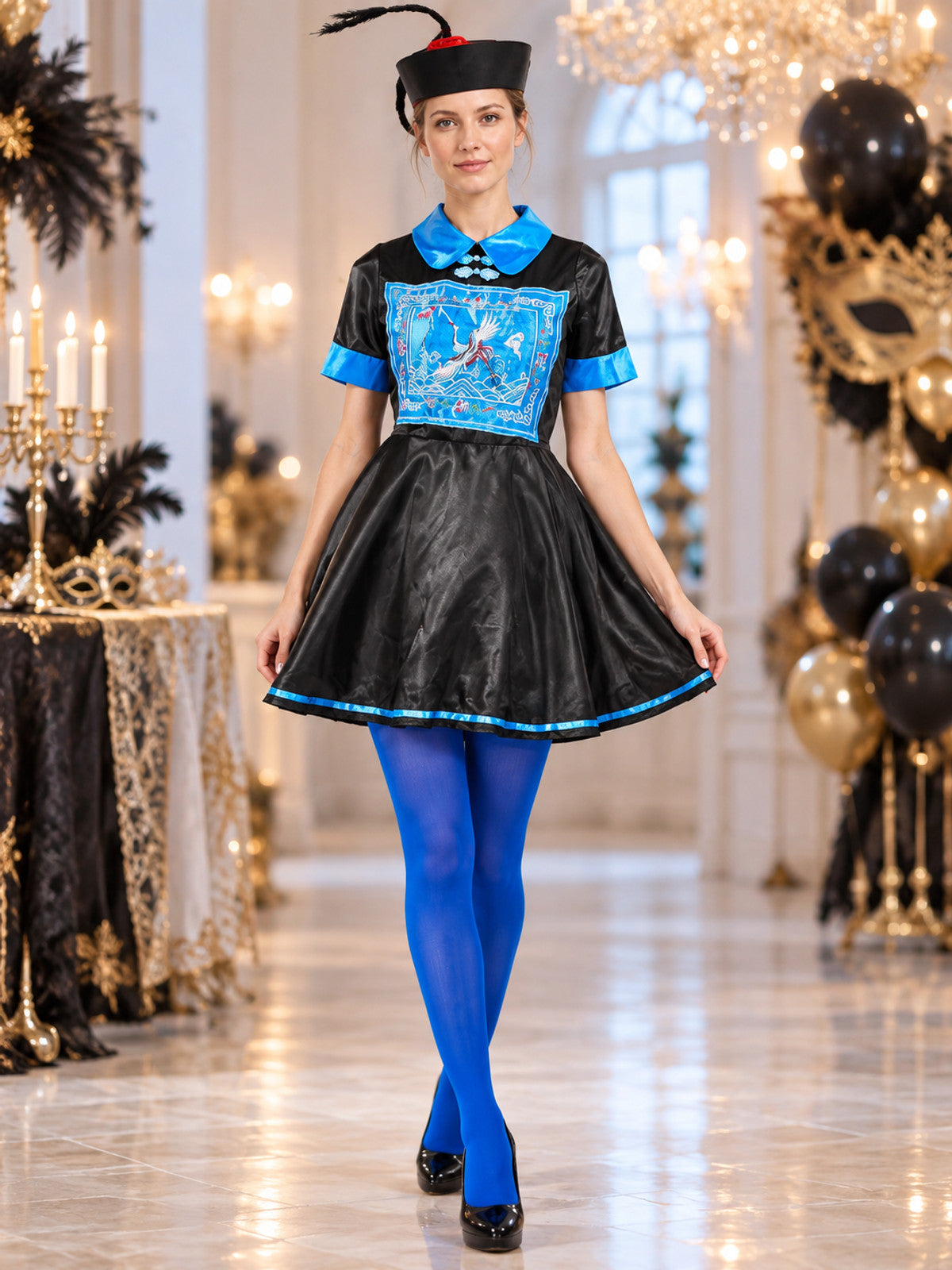 Black and Blue Carnival Costume with Dress and Hat lifestyle view