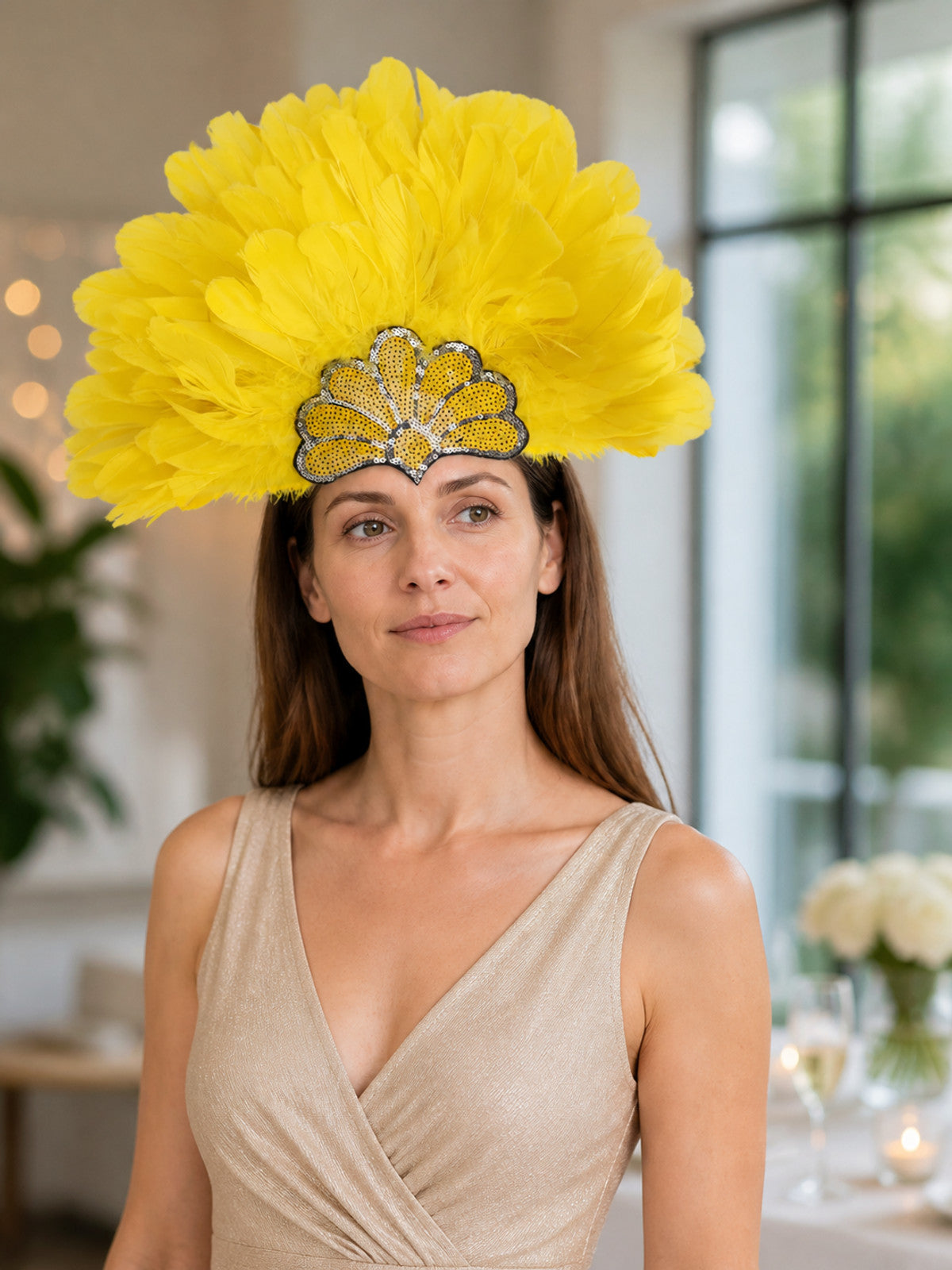 Carnival Headpiece with Yellow Feathers and Sequins lifestyle view