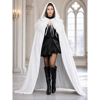Velvet Hooded Feather Cape with Ties lifestyle