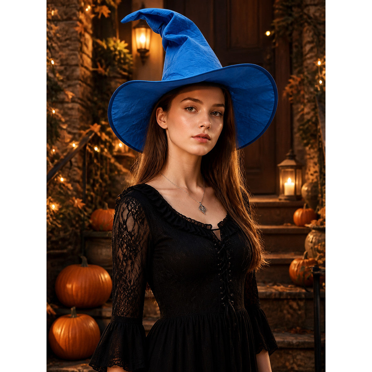 Blue Halloween Witch Hat, Wide Brim Curved Pointed Cap with Black Chin Strap lifestyle view