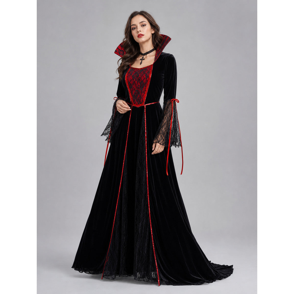 Gothic Cosplay Dress Costume with Choker on-model front view