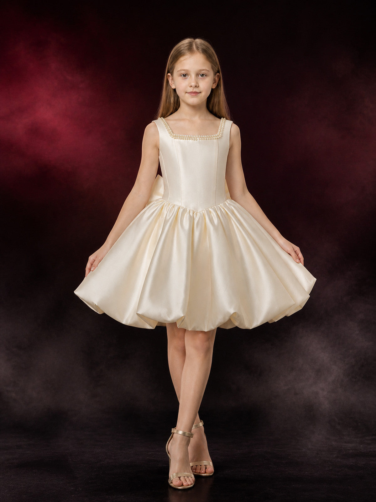 Girls' Pearl-Trimmed Princess Party Dress, Satin A-Line Formal Outfit, 4Y–8Y main product view