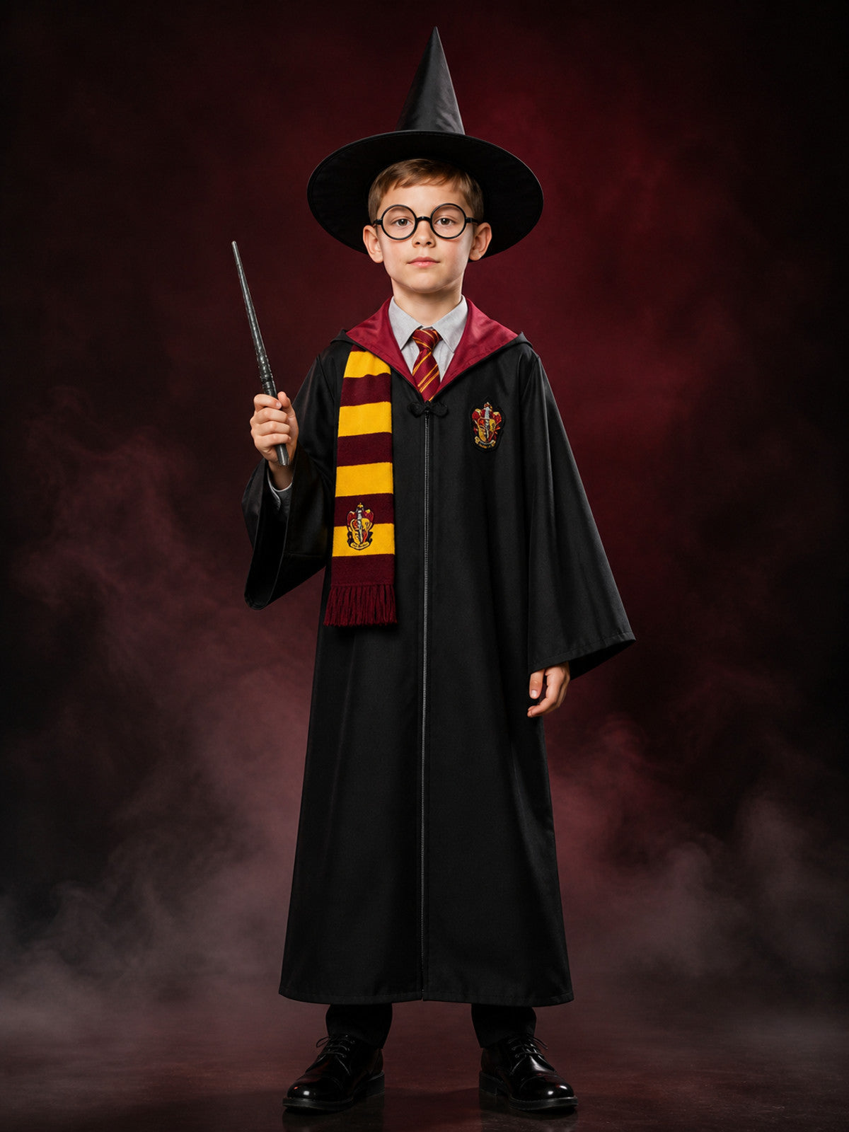 Wizard Robe Costume Set With Hooded Cloak, Hat, Glasses, Tie, Scarf And Wand main product view