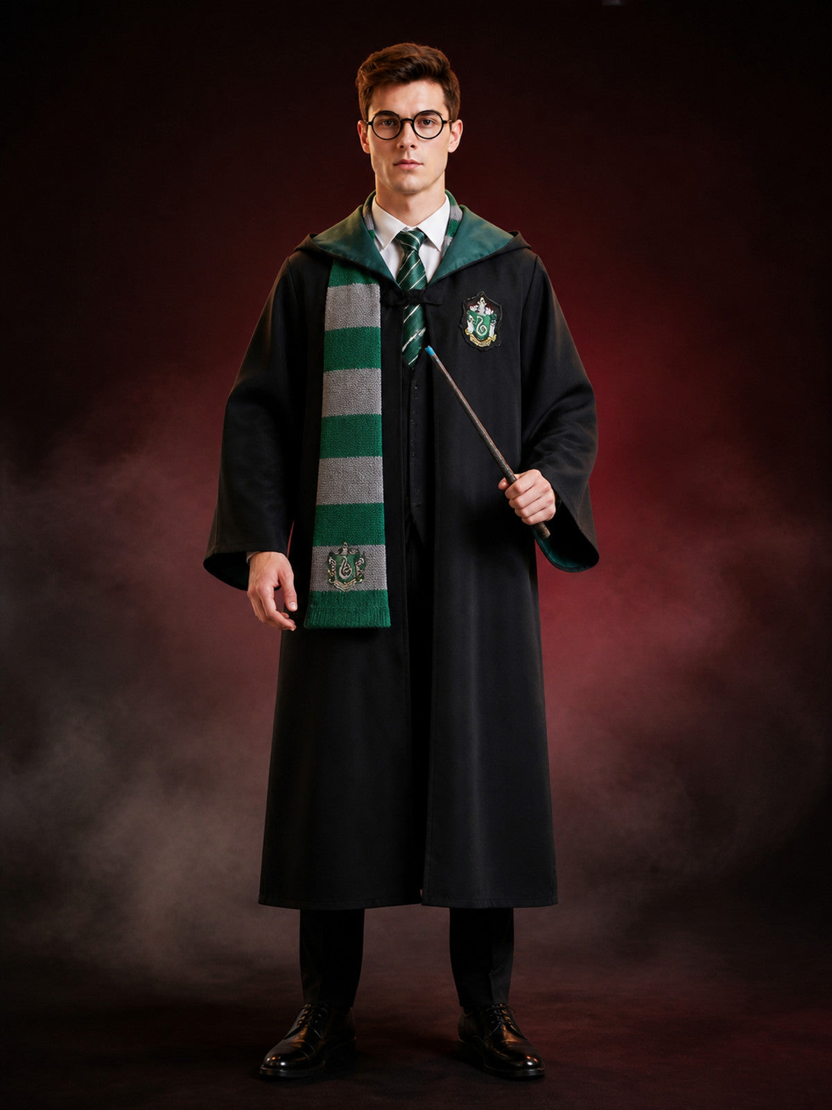 Slytherin-Themed Hooded Wizard Robe Costume Set With Scarf, Tie, Glasses And main product view