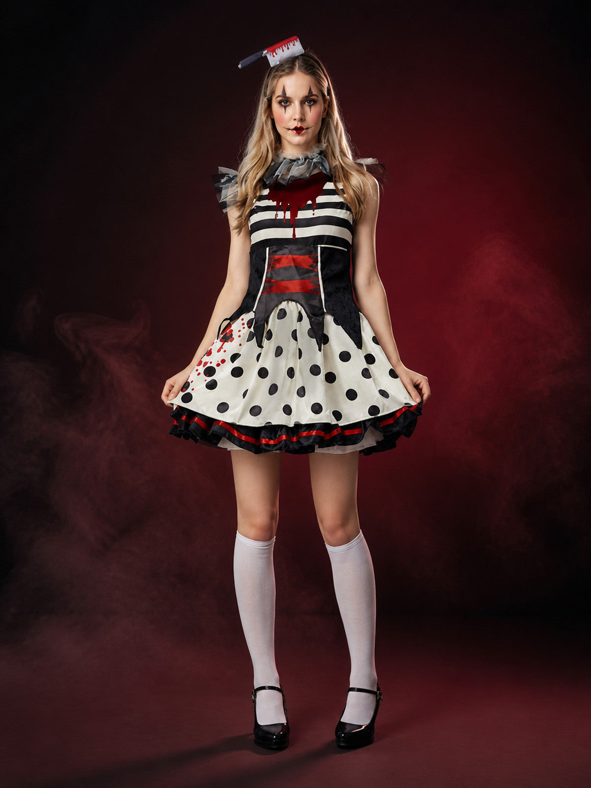 Polka Dot and Striped Clown Halloween Costume Dress with Blood Effect main product view