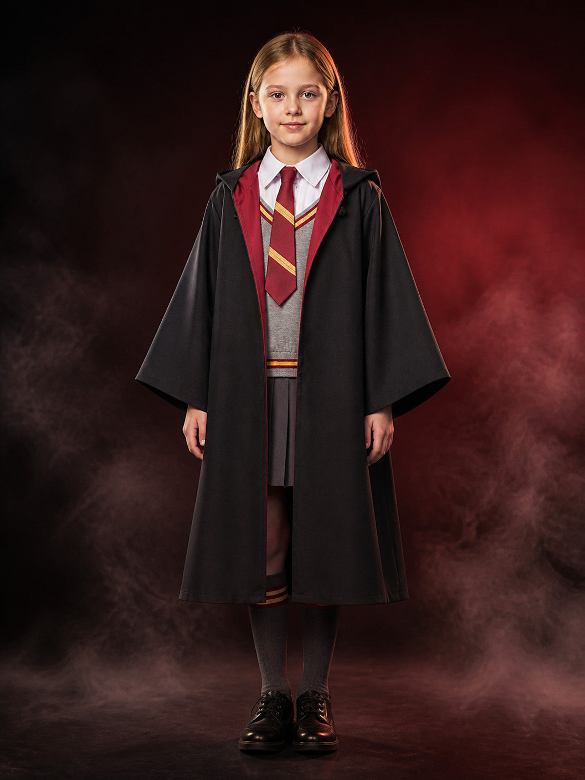 Girls Magic Academy Wizard Robe Costume, Black Hooded Cloak with Red Gold Tie main product view