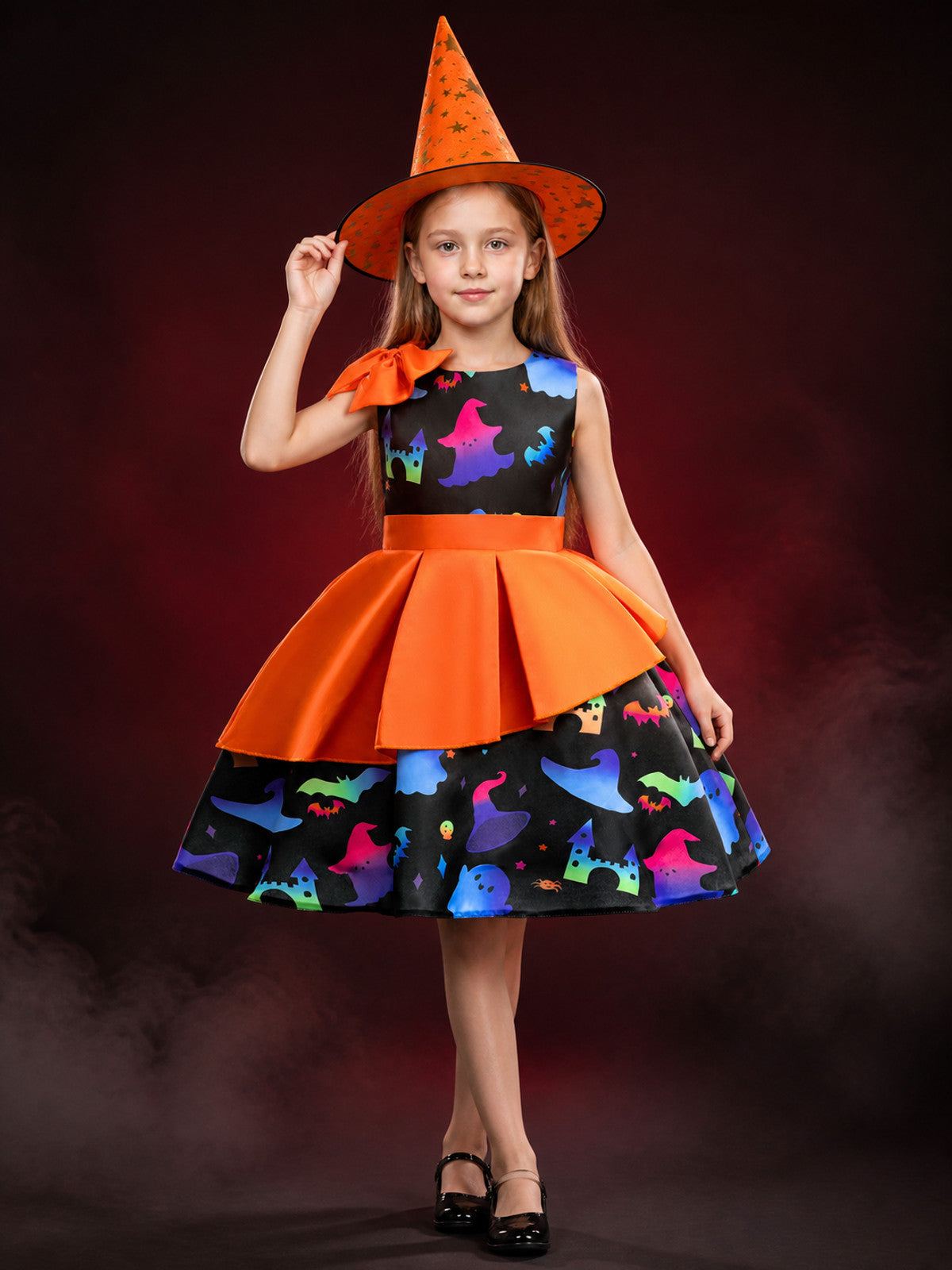 Girls' Halloween Witch Costume Dress Set With Printed Skirt And Witch Hat main product view