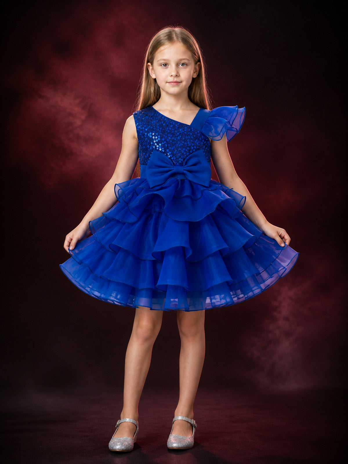 Toddler Girls' Blue Princess Dress, Sequined Bow Layered Ruffle Party Gown main product view