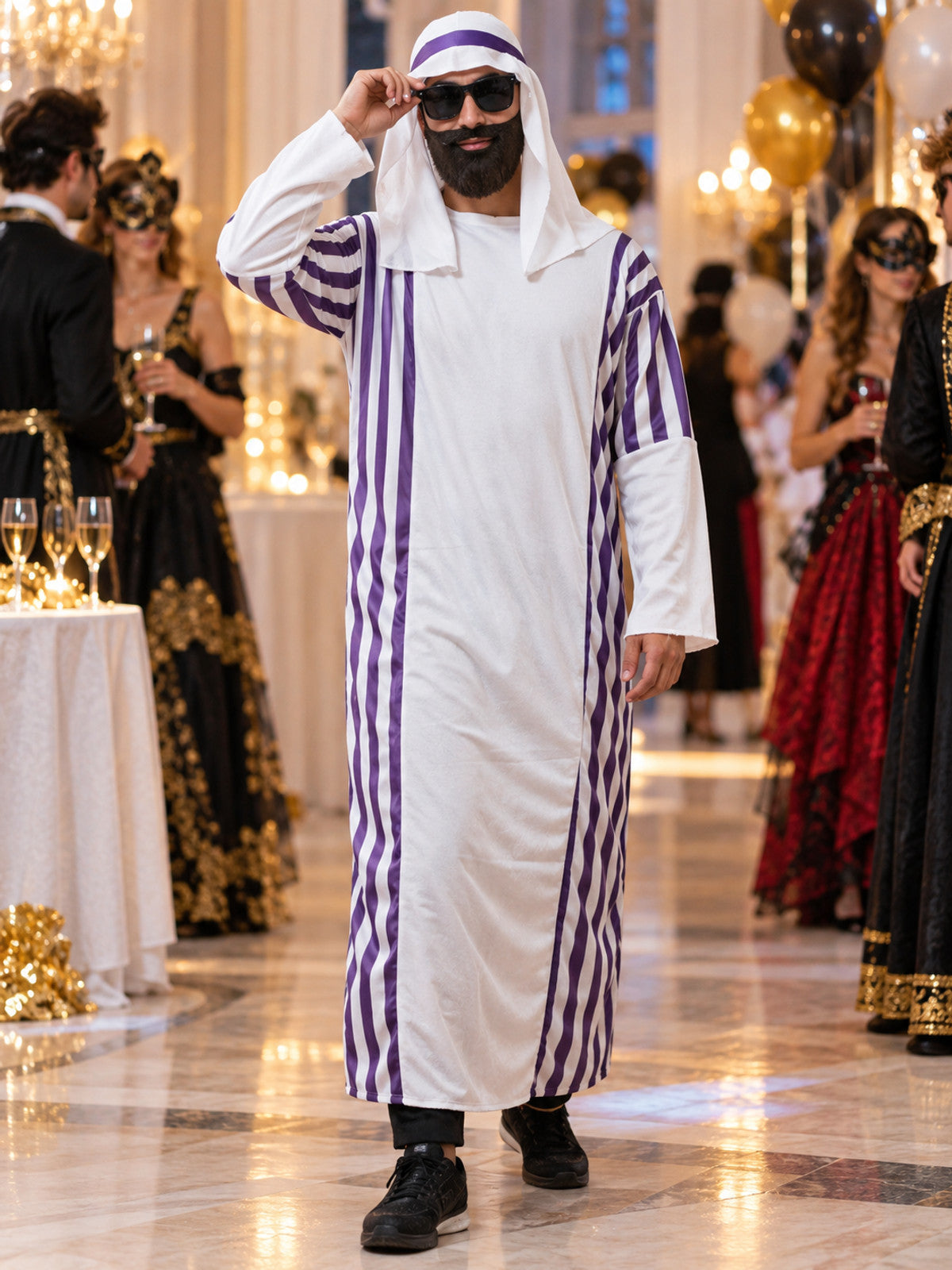 White carnival costume with purple stripes