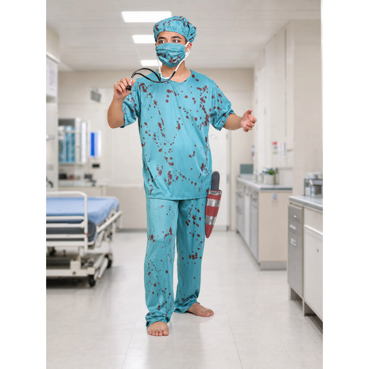 Surgeon Costume with Bloodstains and Knife for Halloween lifestyle view