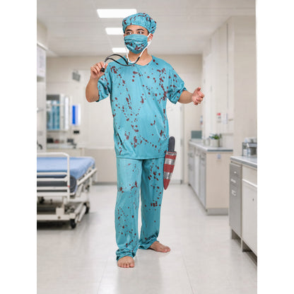 Surgeon Costume with Bloodstains and Knife for Halloween lifestyle view
