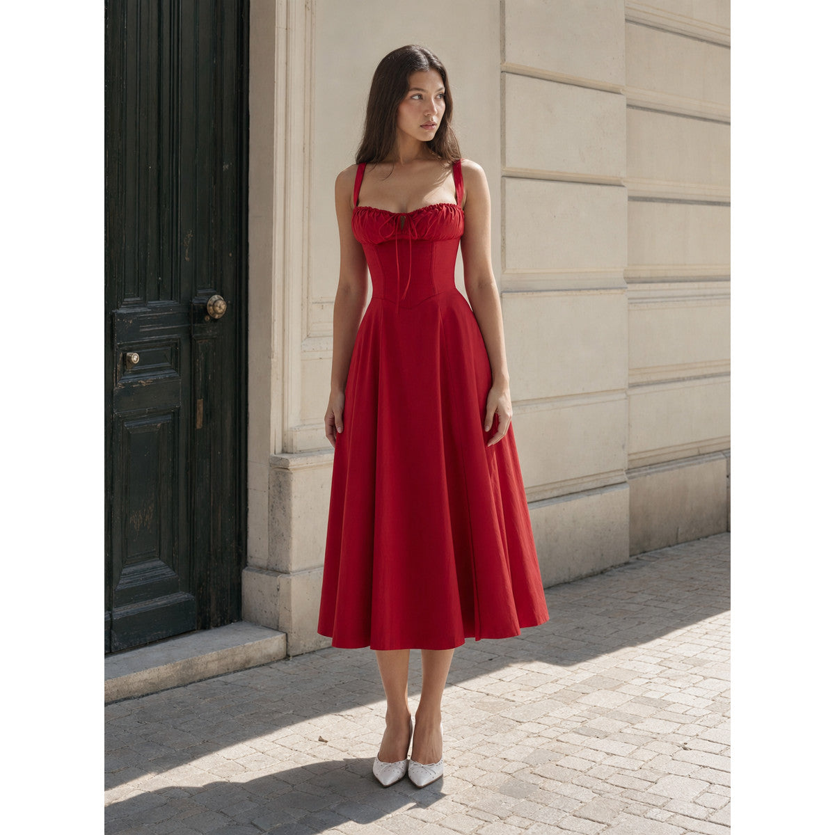 Red Midi Dress with Ruched Bodice and Lacing lifestyle