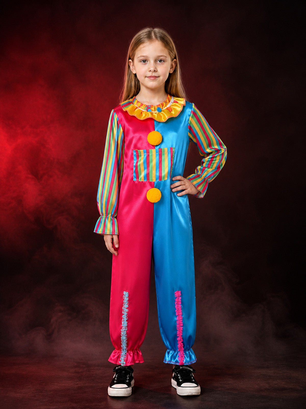 Kids Colorful Split-Color Clown Jumpsuit Costume with Ruffle Collar and Pom-Pom main product view
