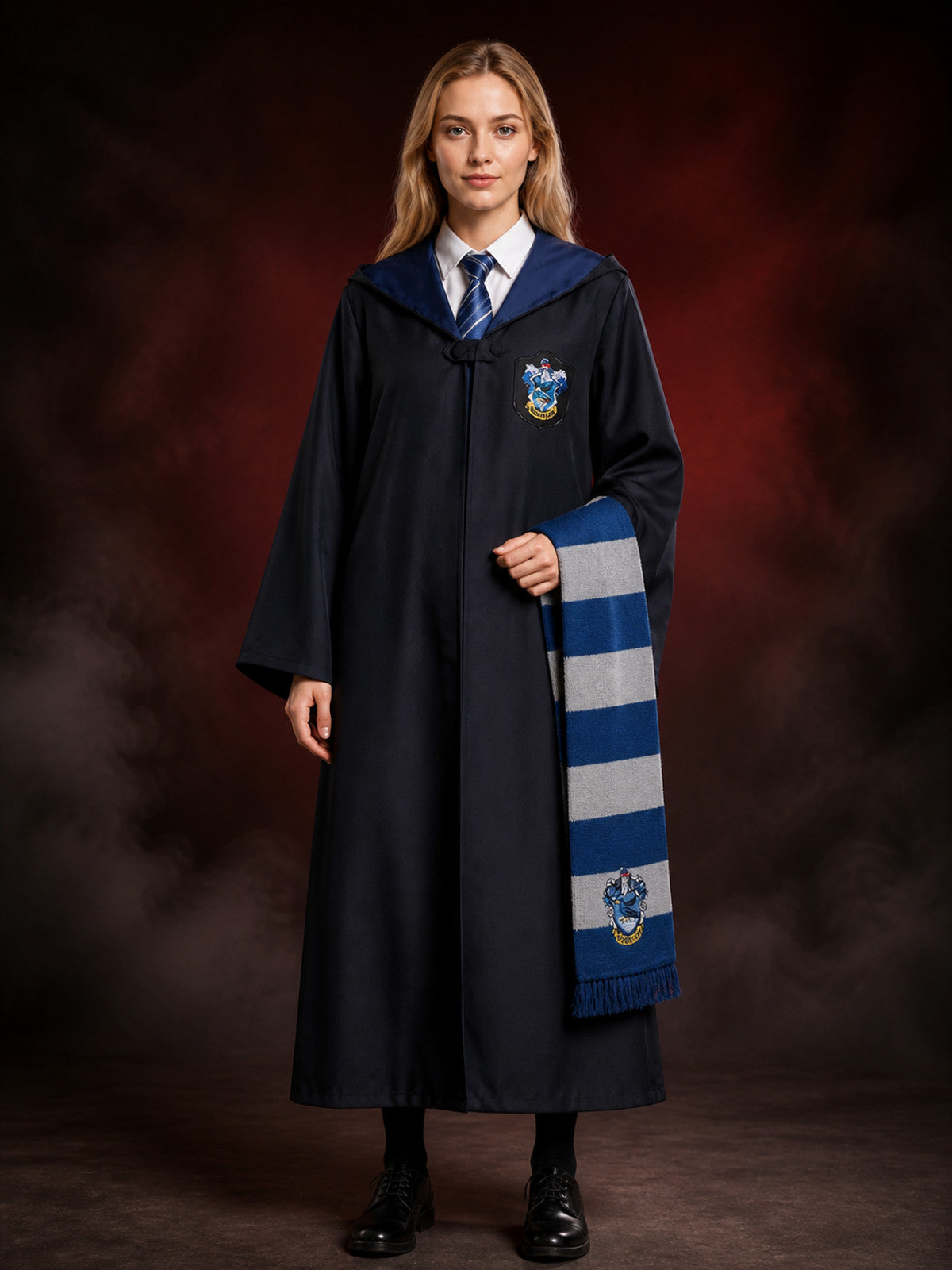 Wizard Robe Costume Set with House Crest, Striped Scarf and Tie for Halloween