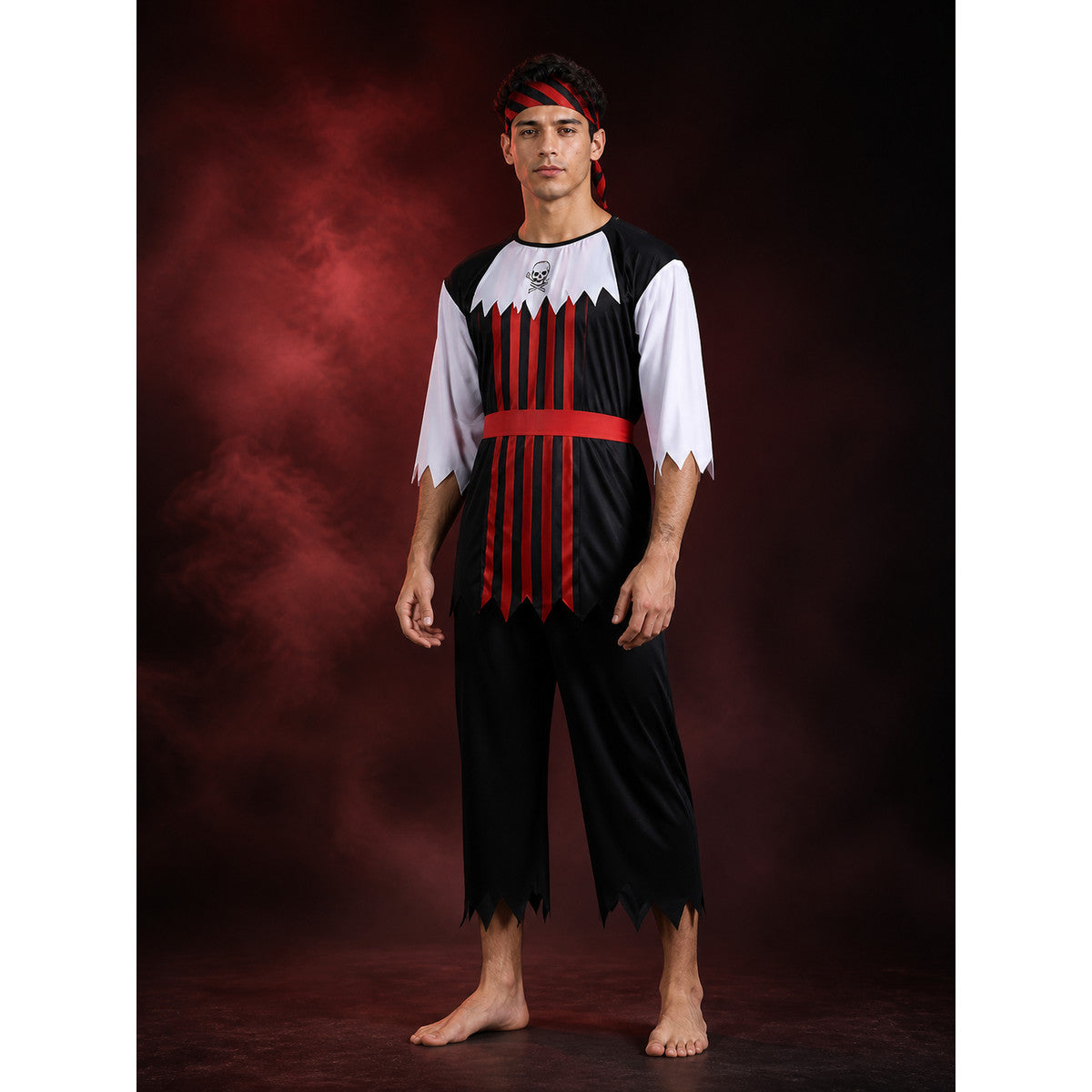 Pirate Costume Set for Adults, Skull Print Black and Red Striped Top and Pants main product view