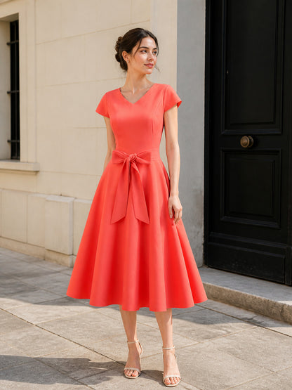 Coral V-Neck Dress with Large Bow
