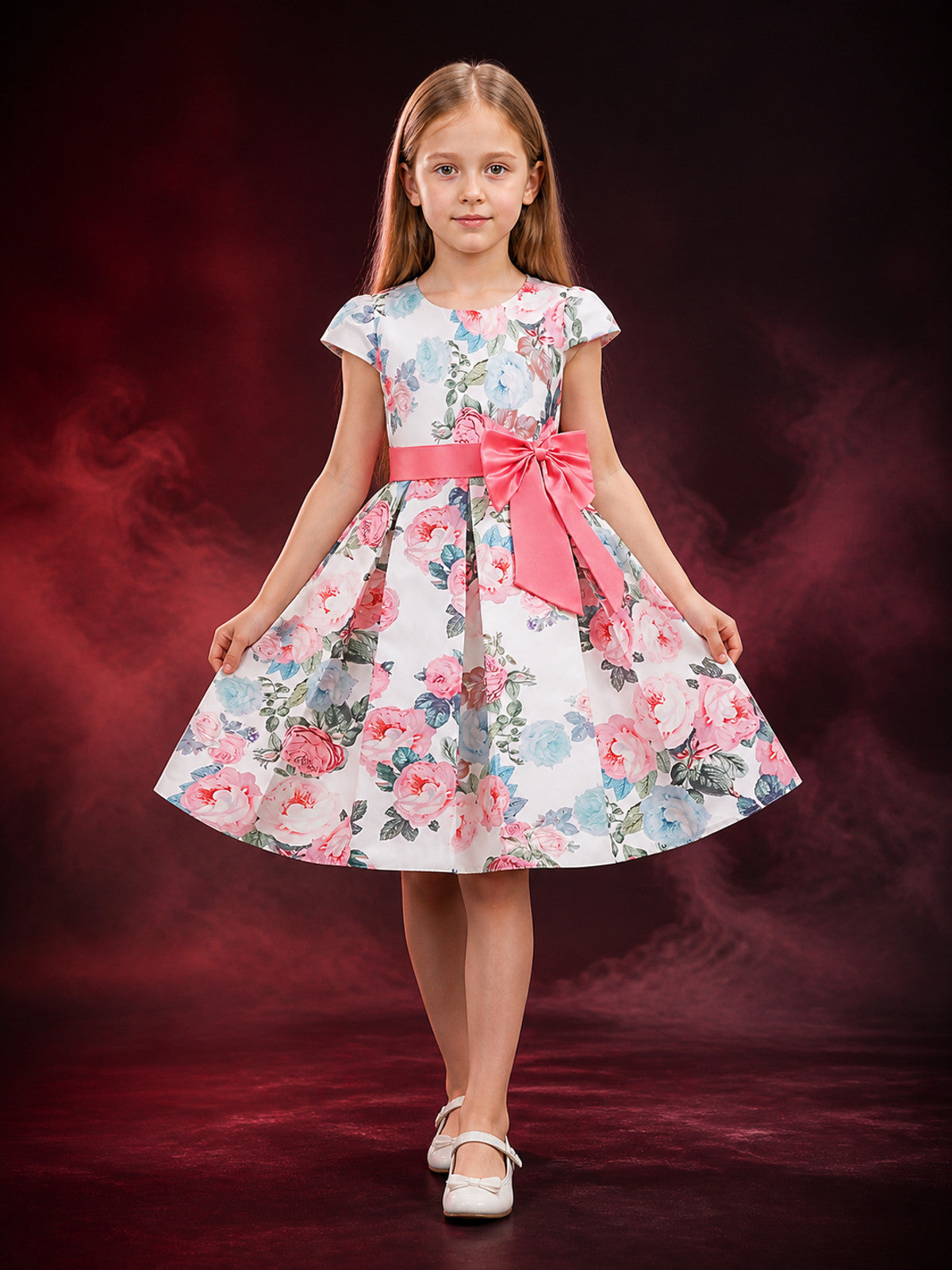 Girls' Floral Print Princess Dress With Bow, Short Sleeve Formal Outfit
