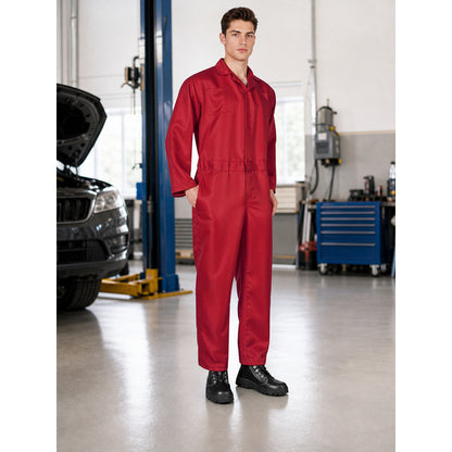 Red coverall jumpsuit worn in an auto repair garage