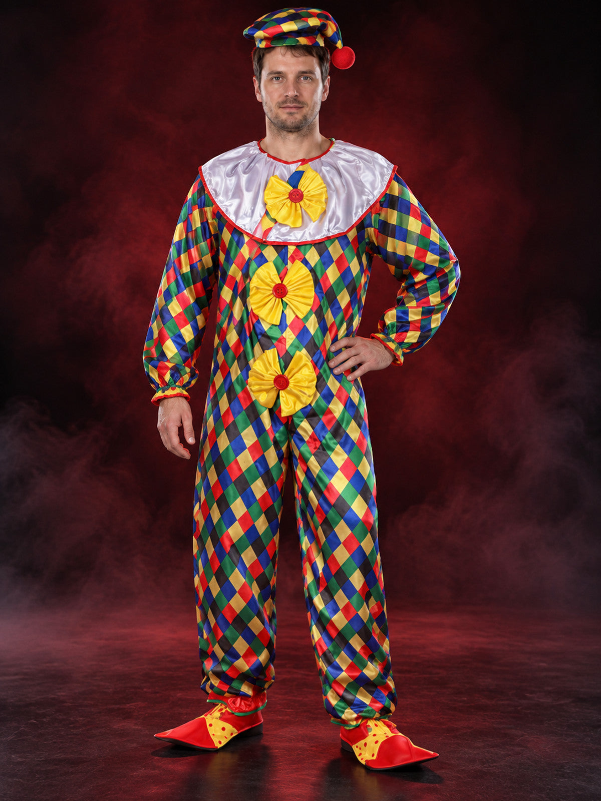 Velour Clown Costume with Yellow Bows and Hat
