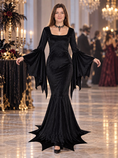 Black godet carnival dress made of stretch velvet