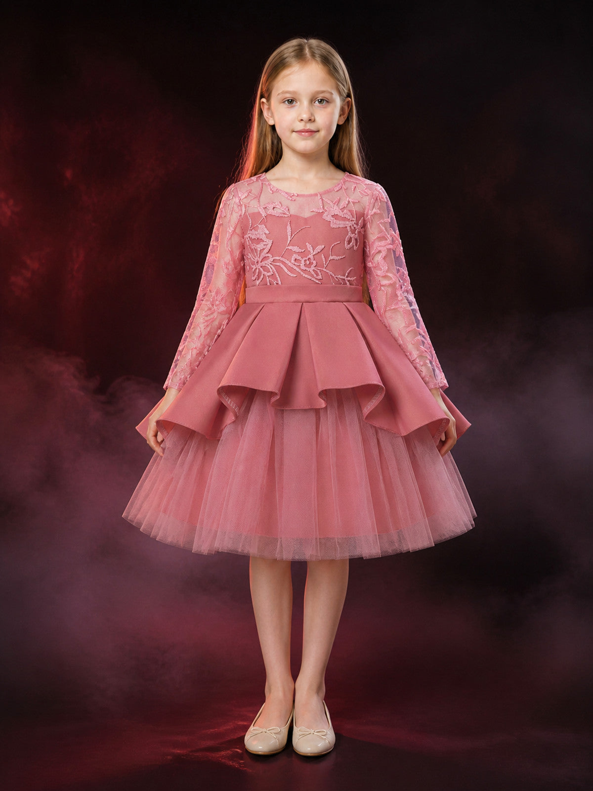 Girls' Pink Princess Flower Girl Baptism Dress, Embroidered Lace Tulle main product view