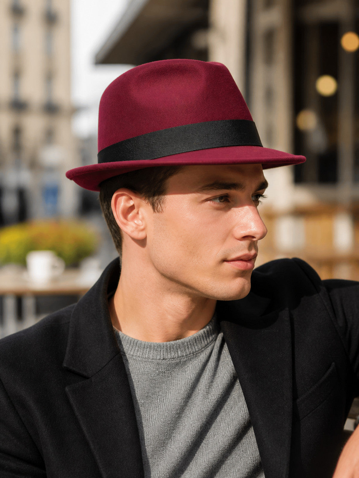 Burgundy Fedora Hat with Black Band