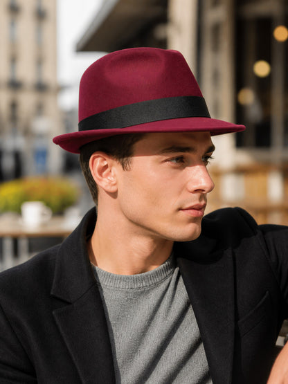 Burgundy Fedora Hat with Black Band